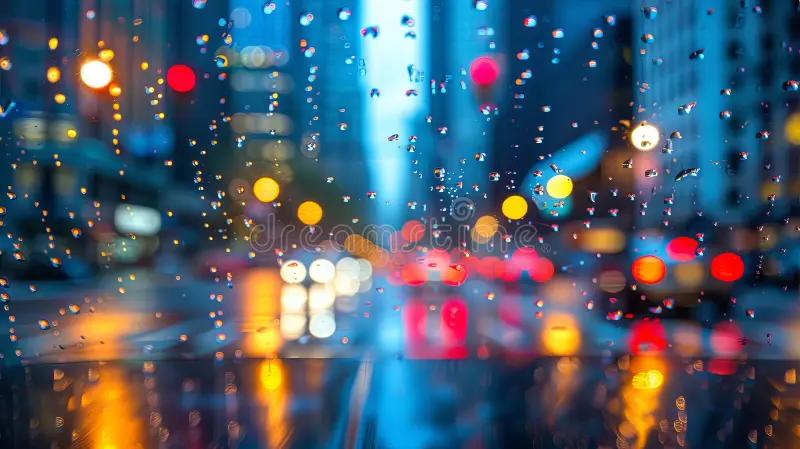blurry city lights rainy window night close up view rainy city night captured window covered 324292530